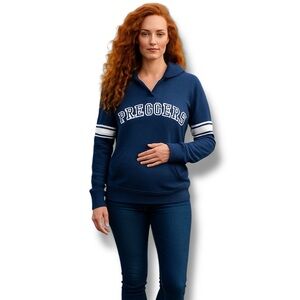 Feathers Maternity Long Sleeve V Neck Sweater “PREGGERS” Hoodie, Blue, sz M